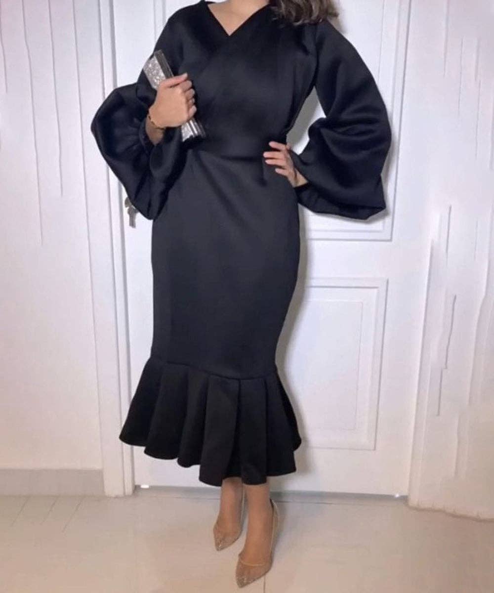 V-Neck Long Sleeve Fishtail Maxi Dress