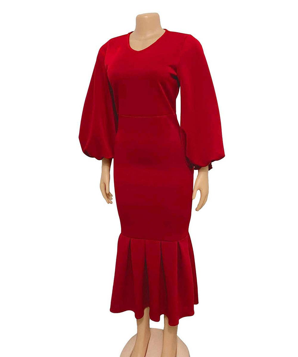 V-Neck Long Sleeve Fishtail Maxi Dress