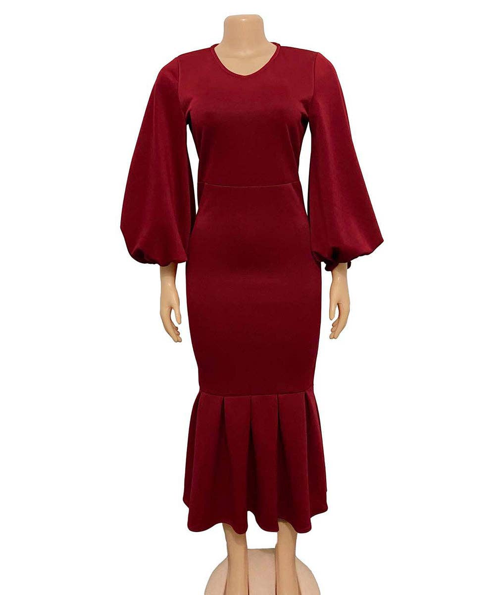 V-Neck Long Sleeve Fishtail Maxi Dress