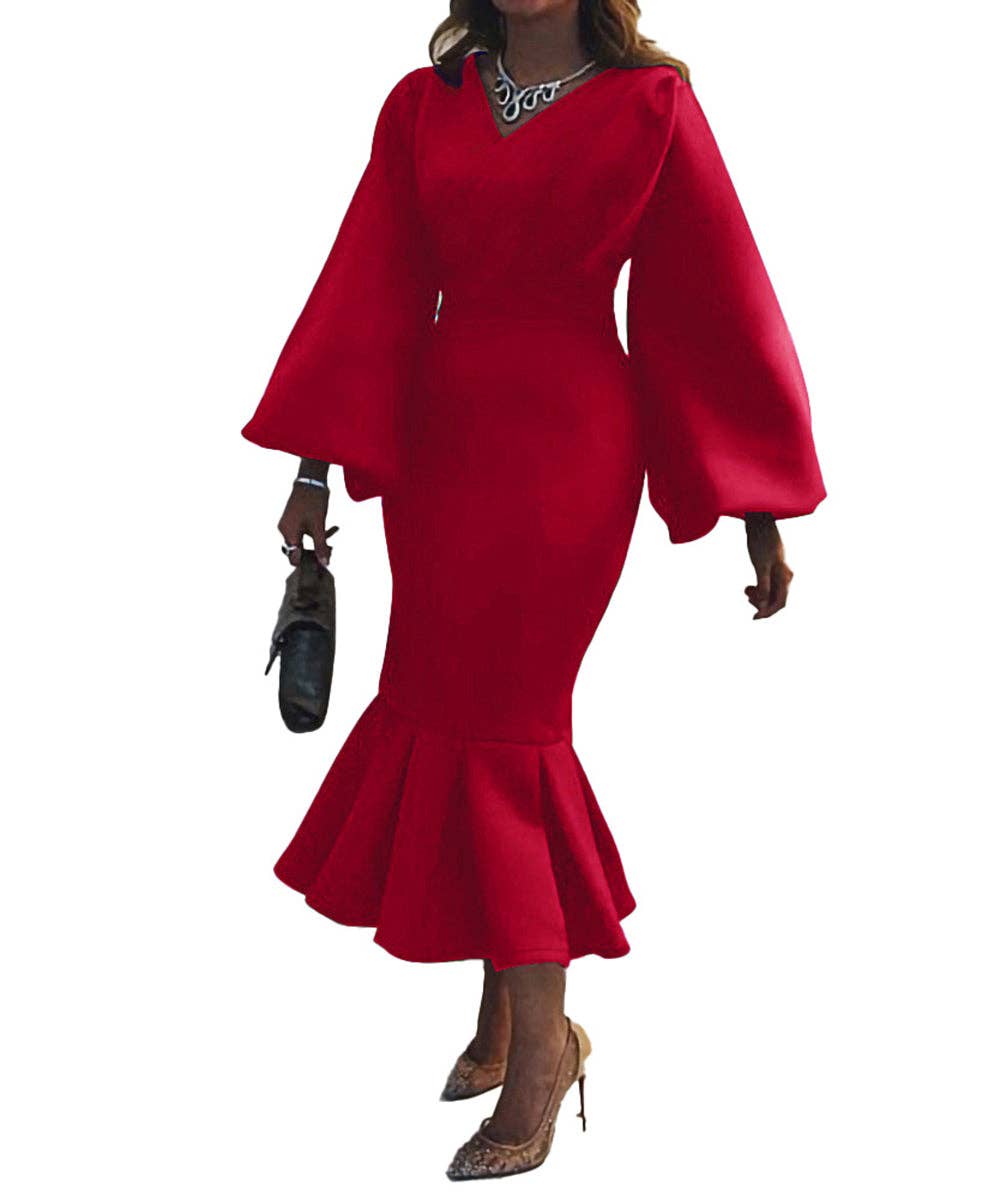 V-Neck Long Sleeve Fishtail Maxi Dress