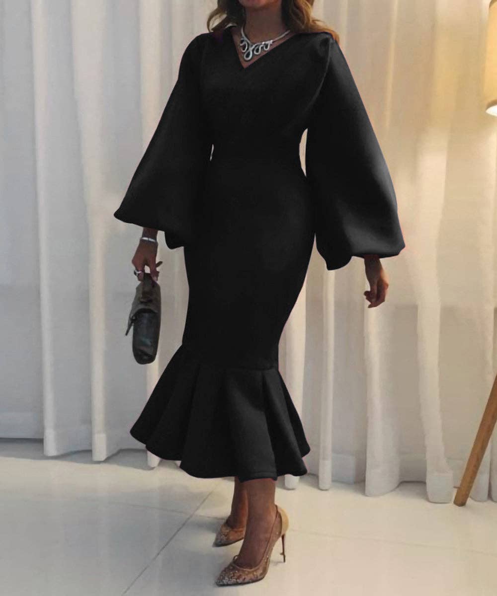 V-Neck Long Sleeve Fishtail Maxi Dress