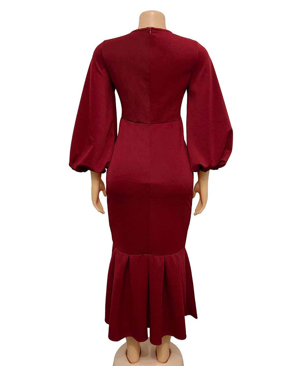V-Neck Long Sleeve Fishtail Maxi Dress