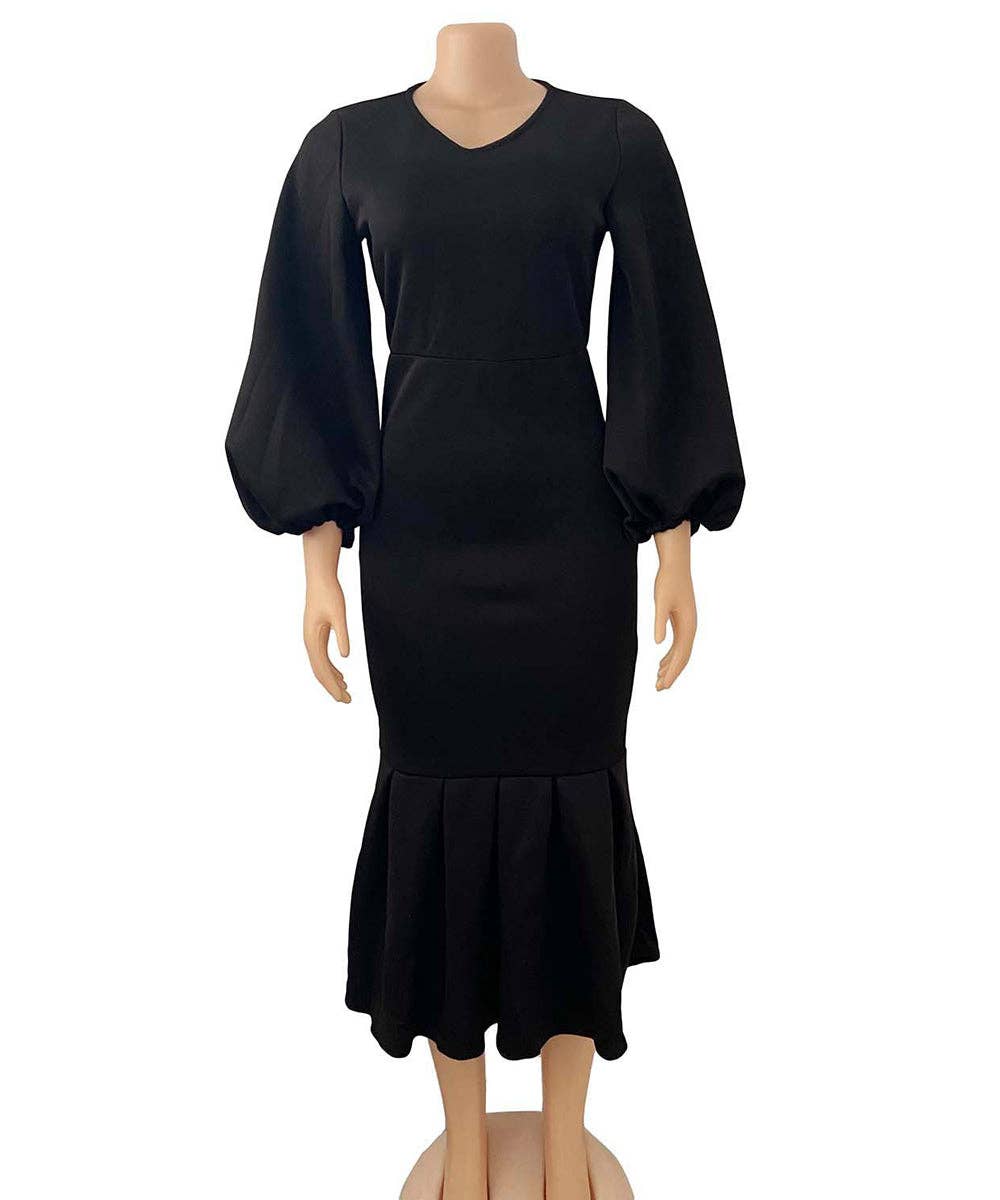V-Neck Long Sleeve Fishtail Maxi Dress