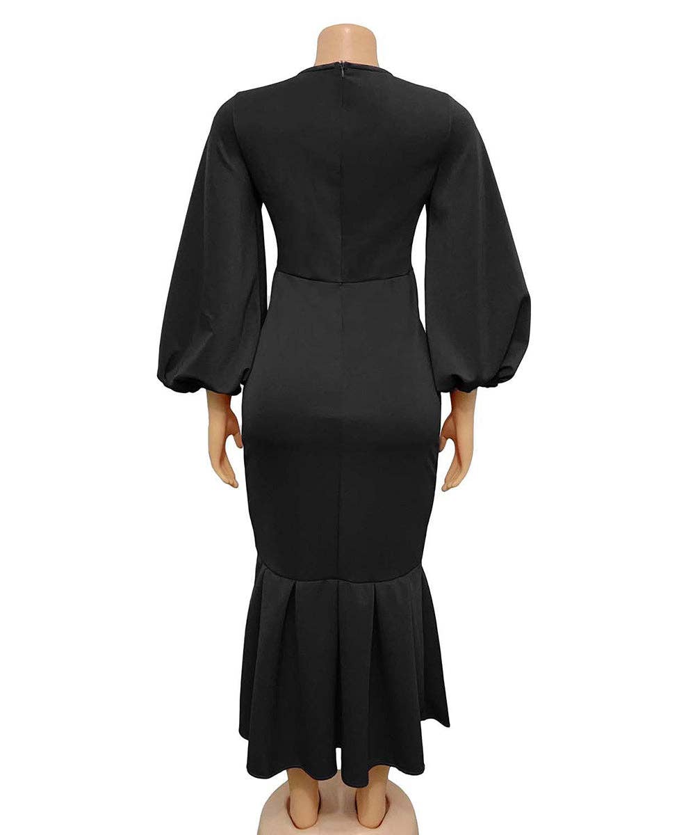 V-Neck Long Sleeve Fishtail Maxi Dress