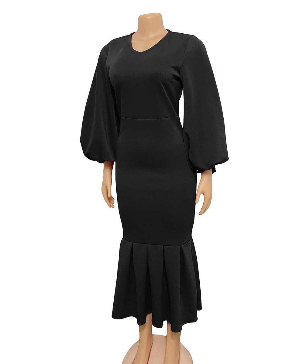 V-Neck Long Sleeve Fishtail Maxi Dress