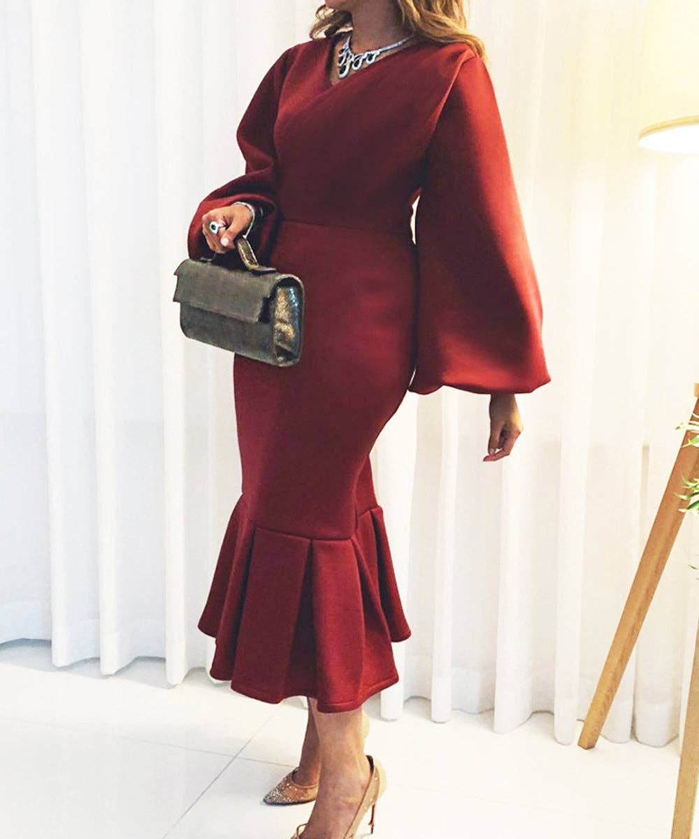 V-Neck Long Sleeve Fishtail Maxi Dress