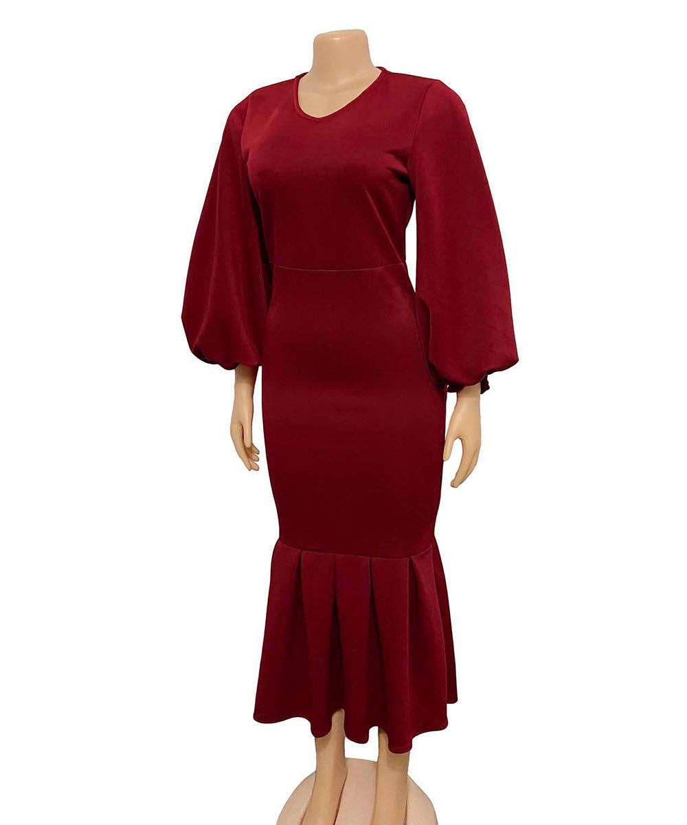V-Neck Long Sleeve Fishtail Maxi Dress