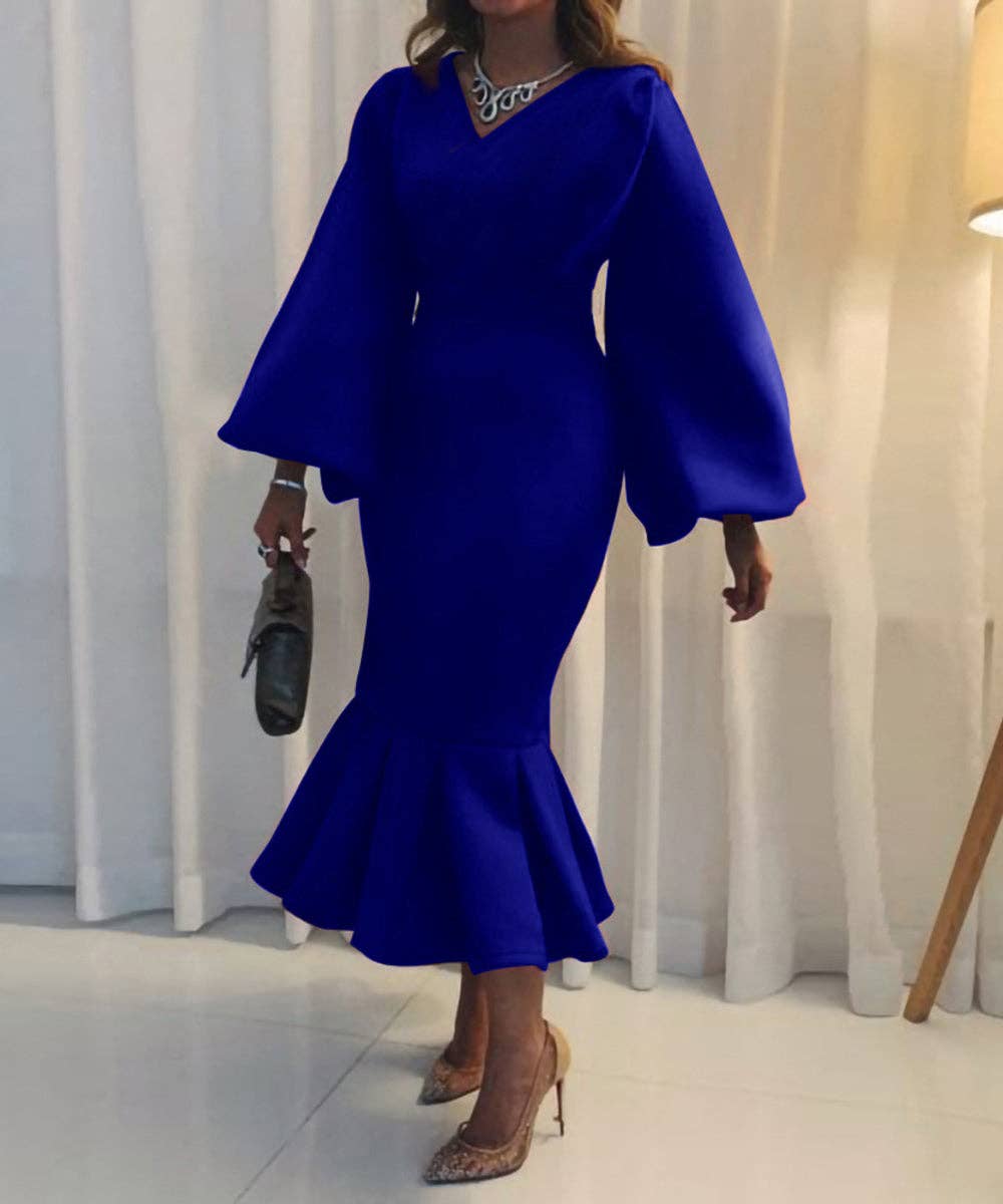 V-Neck Long Sleeve Fishtail Maxi Dress